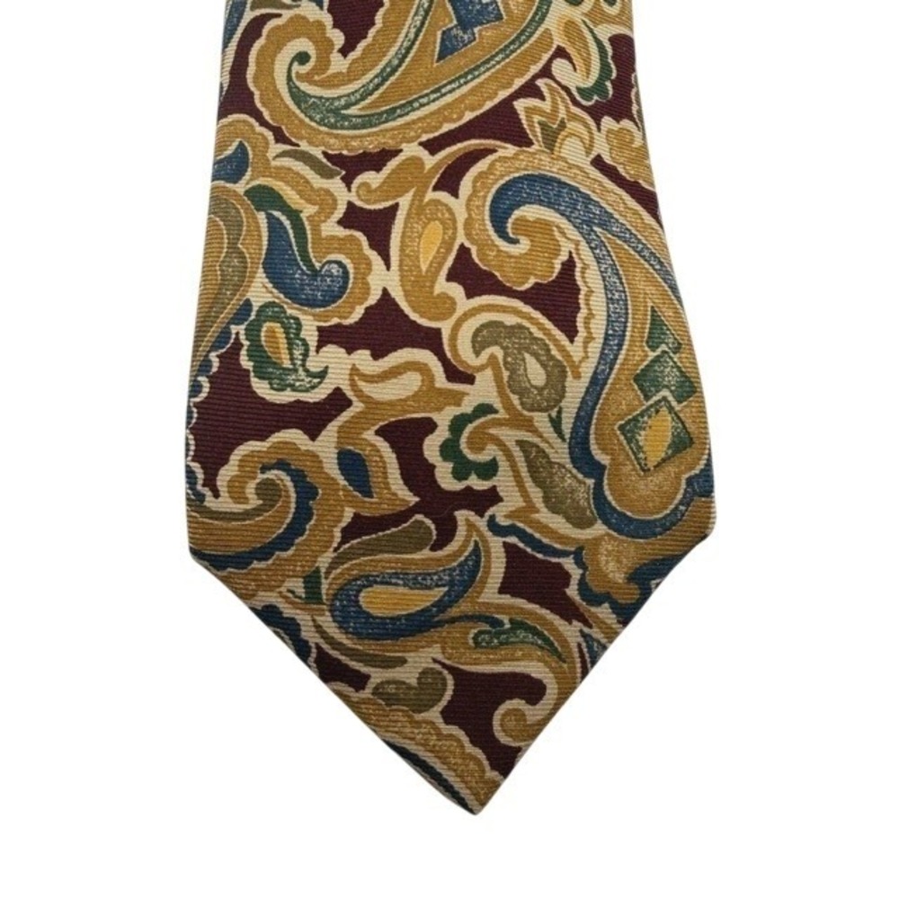 Vintage Joseph Abboud Mens Paisley Silk Tie Burgundy Gold Green Made in Italy